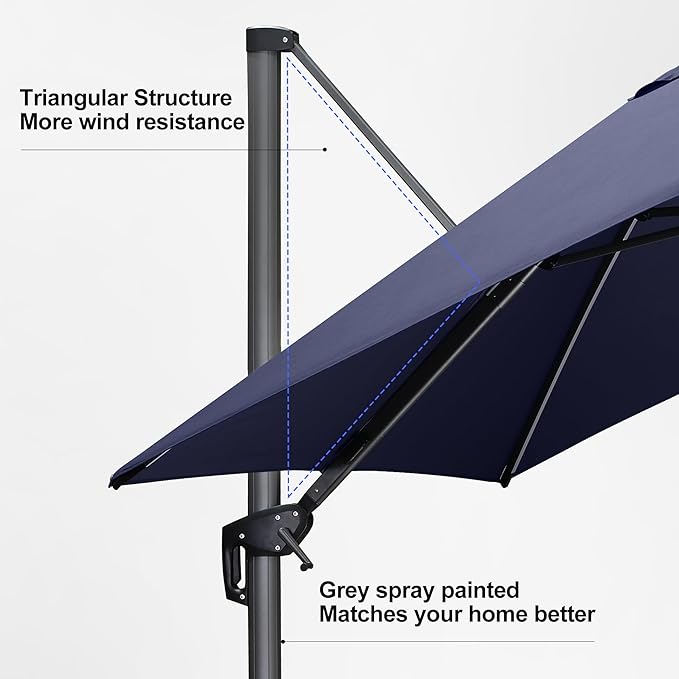 PURPLE LEAF 10 Feet Patio Umbrella with Base Outdoor Cantilever Solar Powered LED Square Umbrella Aluminum Offset Umbrella with 360-degree Rotation for Garden Deck Pool Patio Navy - Image 9