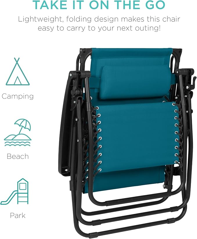 Best Choice Products 30” Wide Folding Zero Gravity Outdoor Recliner Patio Lounge Chair w/Adjustable Canopy Shade, Headrest, Side Accessory Tray - Peacock Blue - Image 9