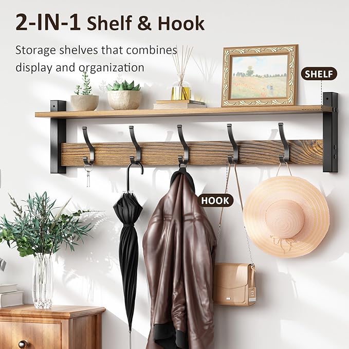 Coat Rack Wall Mount with Shelf, 29 Inch Coat Hanger Walls Mounted, Hat Rack - Image 4