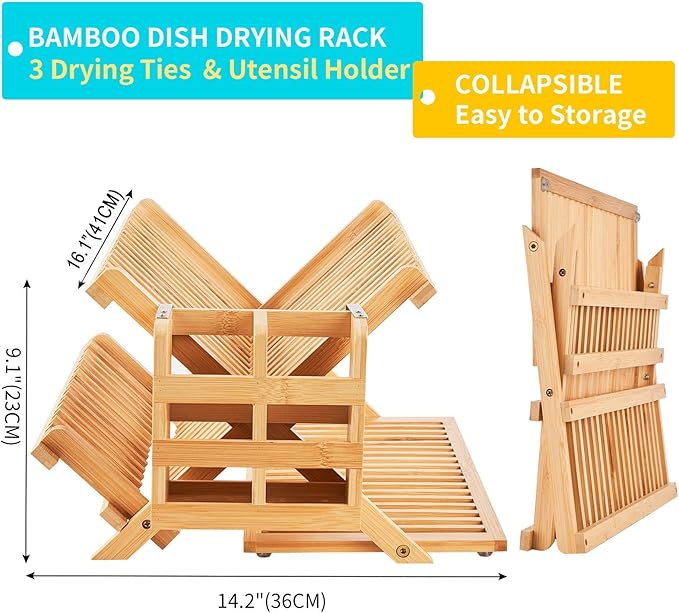 Bamboo Dish Drying Rack, 3 Tier Collapsible Wooden Dish Drainer Rack - Image 5