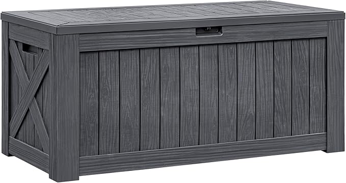Flamaker Resin Deck Box 120 Gallon Waterproof Large Outdoor Indoor Storage Box Imitation Wood Resin for Patio Furniture Garden Tools and Pool (Gray) by Flamaker