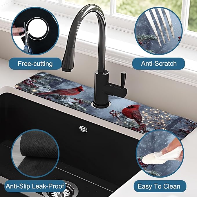 Christmas Winter Kitchen Sink Splash Guard Faucet Mat Cardinal Super Absorbent - Image 4
