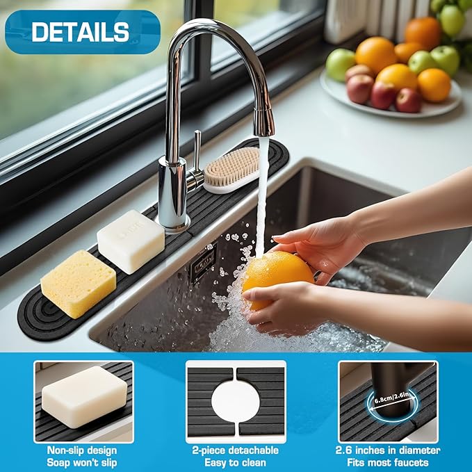 Dark Gray-Oval 23.6" Diatomite Kitchen Faucet Mat & Stone Sink Tray – Quick - Image 6