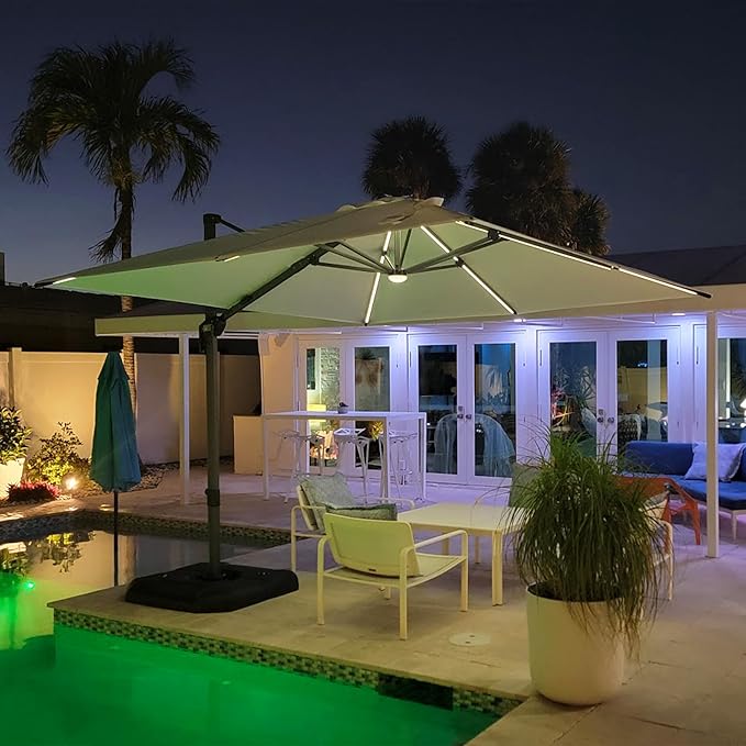 PURPLE LEAF 10 Feet Patio Umbrella with Base Outdoor Cantilever Solar Powered LED Square Umbrella Aluminum Offset Umbrella with 360-degree Rotation for Garden Deck Pool Patio, Beige - Image 3