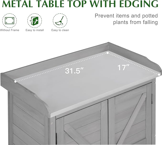 Outdoor Storage Cabinet & Potting Bench Table with Metal Top, Wooden Patio Furniture, Garden Workstation (Classic Grey, 39x31.5x17in) - Image 3