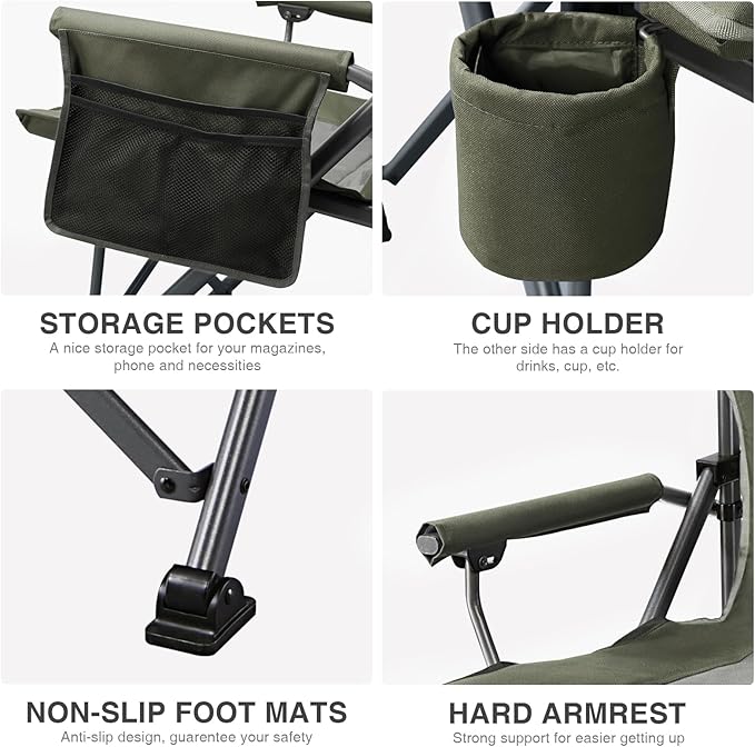 EVER ADVANCED Oversized Folding Camping Chair, for Adults Heavy Duty Lawn Chair with Side Pockets, Portable Collapsible Quad Chair for Outside, Support Up to 500lbs, Green 2Pack - Image 6