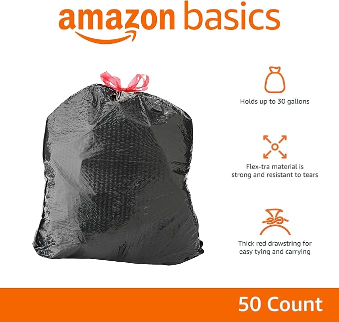 Amazon Basics Flextra Multipurpose Drawstring Trash Bags, 30 Gallon - Image 2