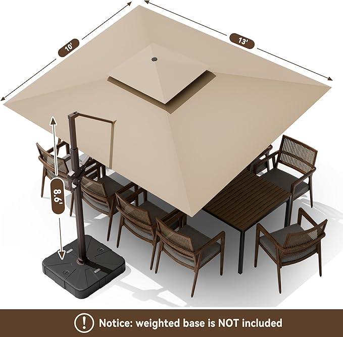 10 X 13 FT Cantilever Outdoor Patio Umbrella with Led Lights Large Heavy Duty 360° Rotation Double Top Offset Rectangular Umbrellas for Backyard Garden Pool Outside Deck, Beige - Image 8