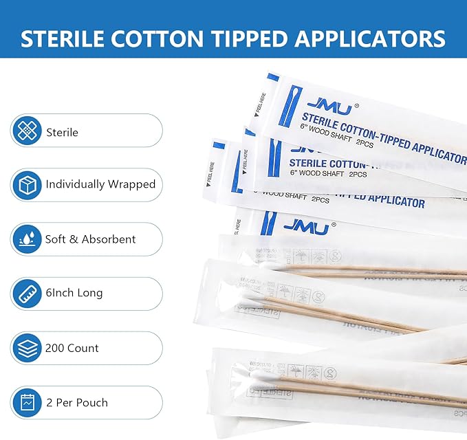 JMU 6 Inch Sterile Cotton Tipped Applicators, Wood Shaft Medical Swabs - Image 2