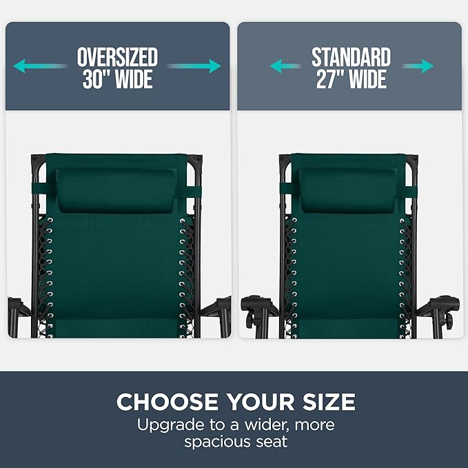 Best Choice Products 30” Wide Folding Zero Gravity Outdoor Recliner Patio Lounge Chair w/Adjustable Canopy Shade, Headrest, Side Accessory Tray - Forest Green - Image 4