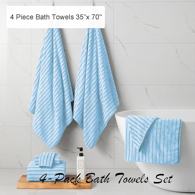 4 Piece Blue Cabana Stripe Large Bath Towels 35"x70" Oversized Bath Sheet Super - Image 3