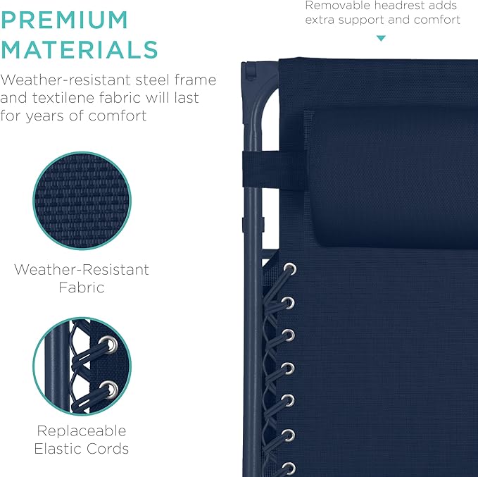 Best Choice Products Folding Zero Gravity Outdoor Recliner Patio Lounge Chair w/Adjustable Canopy Shade, Headrest, Side Accessory Tray, Textilene Mesh - Navy - Image 5