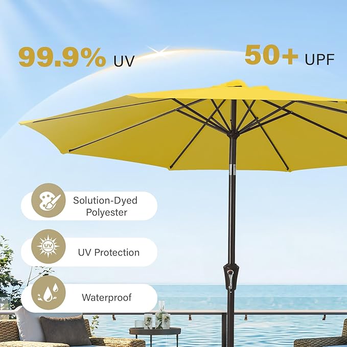 MEWAY 9ft Patio Umbrella Outdoor Table Umbrellas with Push Button Tilt and Crank, Market Umbrella 8 Sturdy Ribs for Deck, Garden, Pool and Backyard, Yellow - Image 5