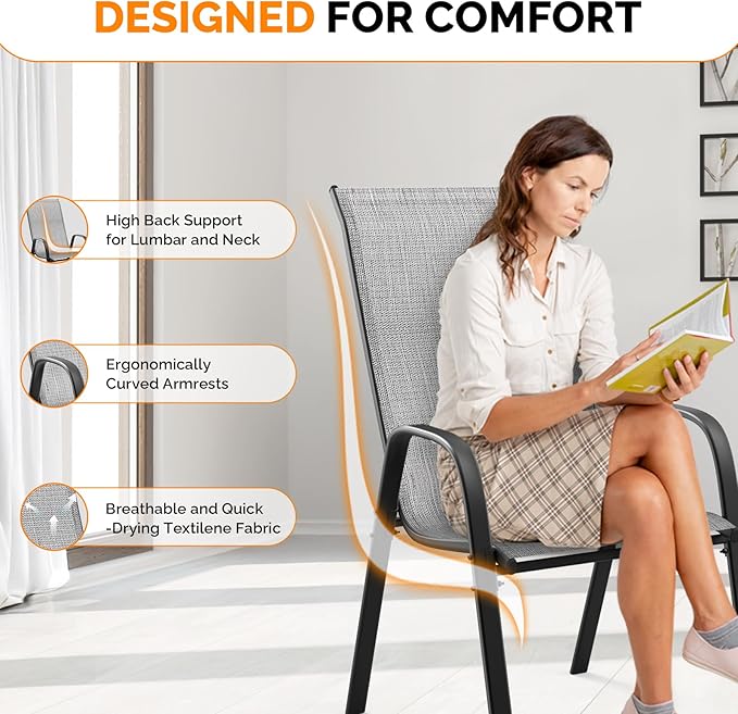 VINGLI Patio Chairs Set of 8 – Stackable Outdoor Dining Chairs with Comfortable Sling High Back Chairs and Armrests for Lawn, Poolside, Courtyard, Balcony, Garden, Silver Gray - Image 7
