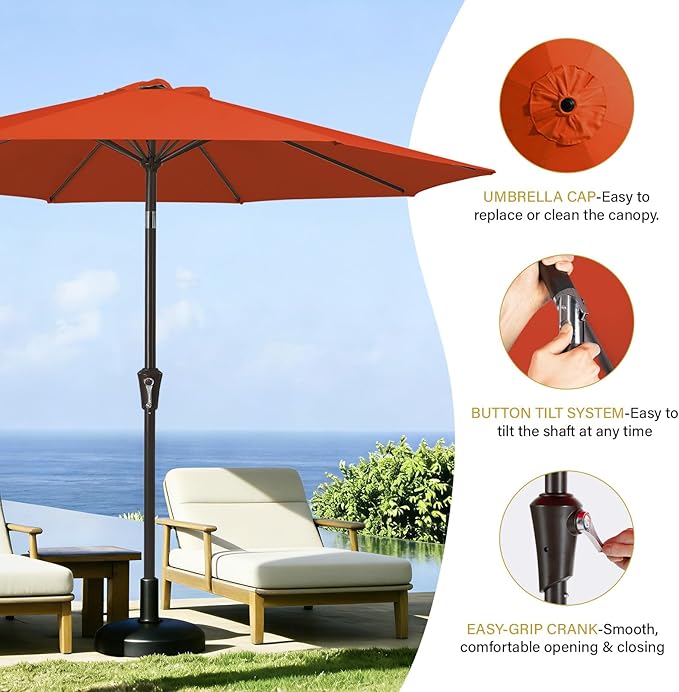 MEWAY 9ft Patio Umbrella Outdoor Table Umbrellas with Push Button Tilt and Crank, Market Umbrella 8 Sturdy Ribs for Deck, Garden, Pool and Backyard, Orange - Image 6