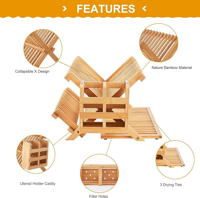 Bamboo Dish Drying Rack, 3 Tier Collapsible Wooden Dish Drainer Rack - Image 4