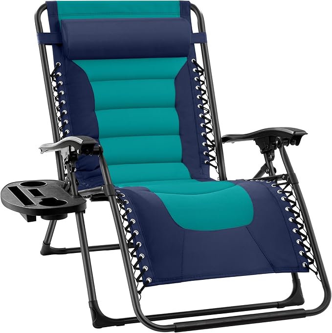 Best Choice Products Oversized Padded Zero Gravity Chair, Folding Outdoor Patio Recliner, XL Anti Gravity Lounger for Backyard w/Headrest, Cup Holder, Side Tray, Polyester Mesh - Navy/Teal by BestChoiceProducts