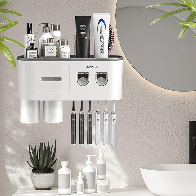 Toothbrush Holders Wall Mounted, Double Automatic Toothpaste Dispensers by MdakeGo