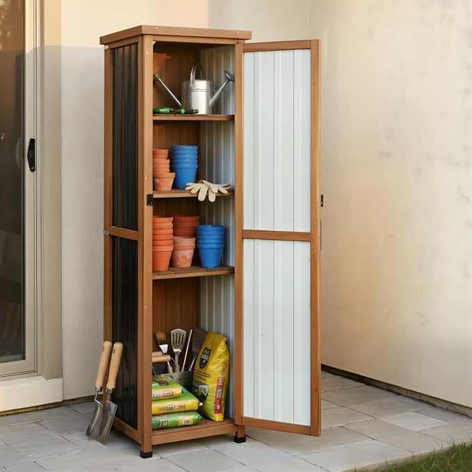 62" H Outdoor Corner Storage Cabinet with Lockable Doors, Outdoor Indoor Small Storage Cabinet with Metal Top, 3 Adjustable Shelves for Patio, Porch, Entryway or Small Spaces by PETSCOSSET