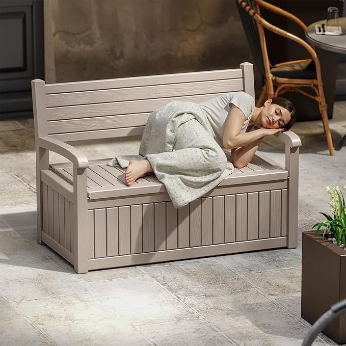 EasyUp 80 Gallon Wood Grain Style Outdoor Storage Bench, Waterproof and Lockable Deck Box Outdoor Storage Furniture for Patio,Garden,and Porch – Perfect for Storing Garden Tools and Cushions(Gray) - Image 2