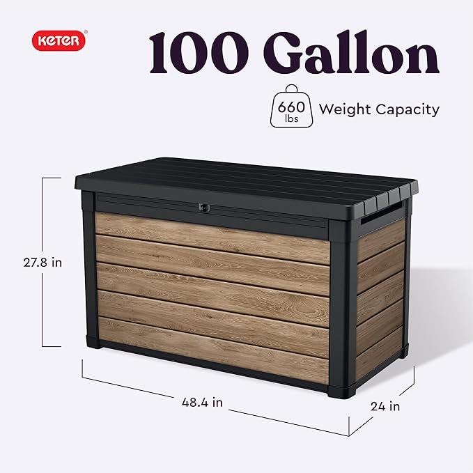 Keter Ashwood 100 Gallon Resin Deck Box Organization and Storage for Patio Furniture Outdoor Cushions, Throw Pillows, Garden Tools and Pool Toys, Brown - Image 2