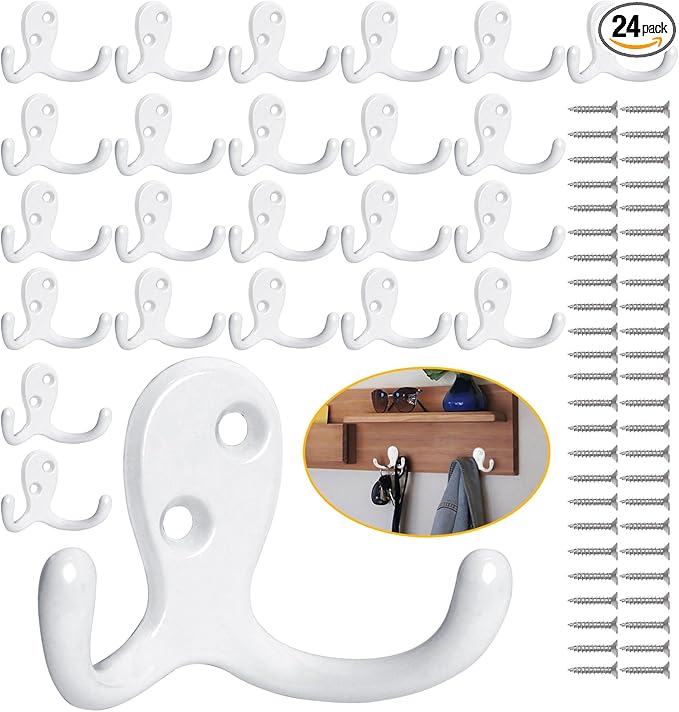 24 Pack Coat Hooks, Heavy Duty Double Prong Coat Hooks Wall Mounted by Homanu