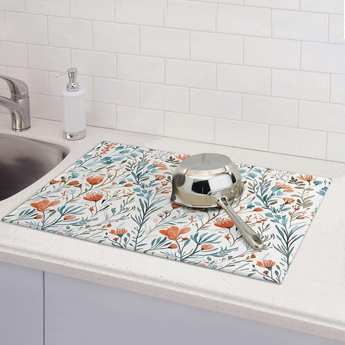 Burnt Orange Teal Floral Dish Drying Mats - Image 3