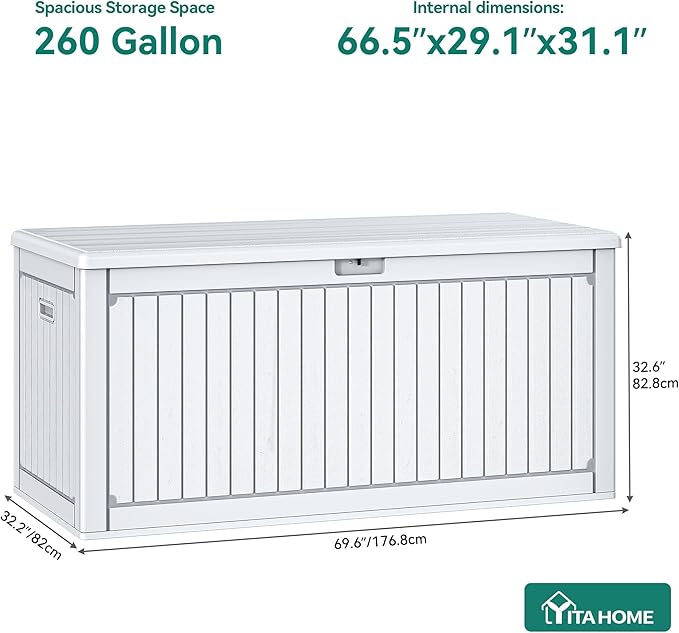 YITAHOME 260 Gallon Large Deck Box with Divider & Side Handles, Outdoor Double-Wall Storage for Patio Furniture Cushions, Garden Pool Accessories, Waterproof & Lockable - Image 6
