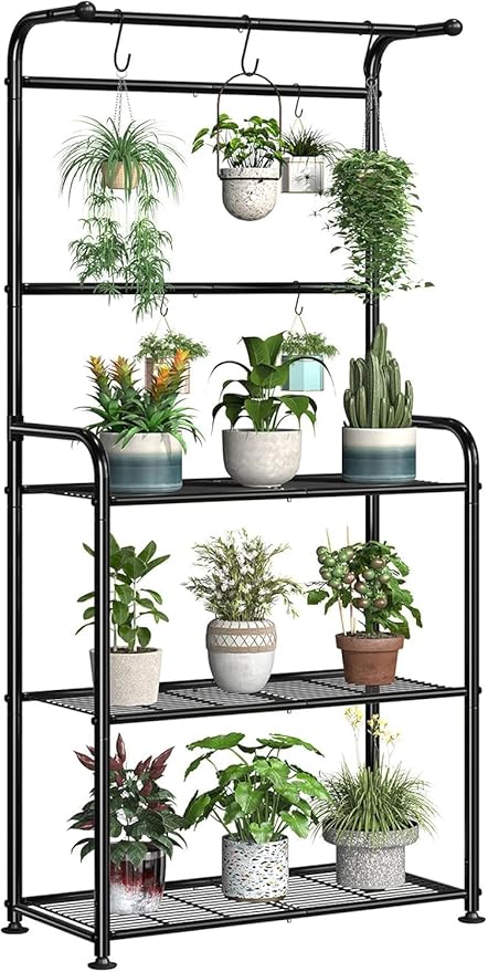 Plant Stands Outdoor with Hooks, Metal Tall Plant Shelves Indoor for Hanging Planter, Black - Image 2