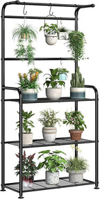 Plant Stands Outdoor with Hooks, Metal Tall Plant Shelves Indoor for Hanging Planter, Black - Image 2