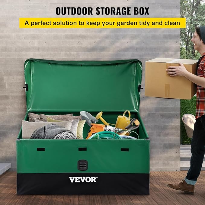 VEVOR Outdoor Storage Box, 150 Gallon Waterproof PE Tarpaulin Deck Box w/Galvanized Frame, All-Weather Protection & Portable, for Camping, Garden, Poolside, and Yard, Black & Green - Image 2