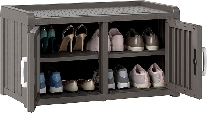 2-Tier Storage Bench, Waterproof UV-Resistant Outdoor Shoe Storage Cabinet with 2 Doors & Adjustable Shelves for Indoor Outdoor Entryway, Hallway, Living Room (Grey) by NBYSGO