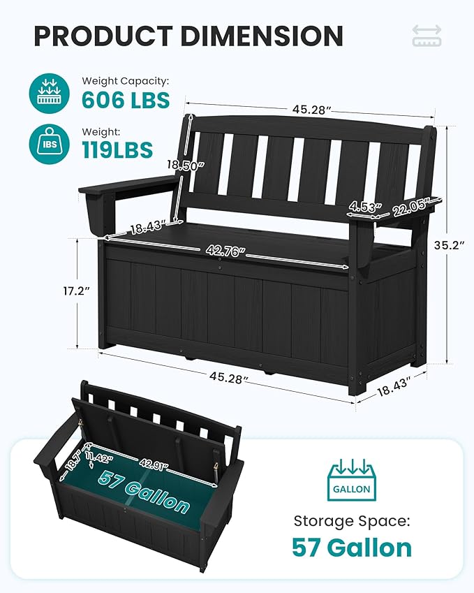 SERWALL HDPE Outdoor Storage Bench, All-Weather, UV-Resistant Deck Box with Waterproof Storage Bags, 57 Gallon Dual-Use Seat & Organizer Deck Boxes for Patio, Garden Tools & Pool (Matte Black) - Image 3