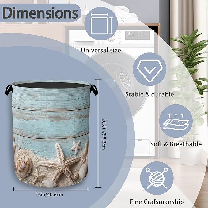 Starfish Seashell Laundry Basket, Vintage Wooden Oxford Cloth Laundry Hamper - Image 2