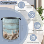 Starfish Seashell Laundry Basket, Vintage Wooden Oxford Cloth Laundry Hamper - Image 2