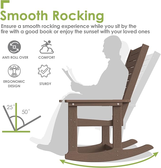 GREENVINES Outdoor Rocking Chairs | Set of 4 | Porch Rocker | HDPE Plastic | Wood Grain | Oversized Rockers | High Back | Big & Tall | Ladder Back | Dark Brown | for Patio Outside - Image 5