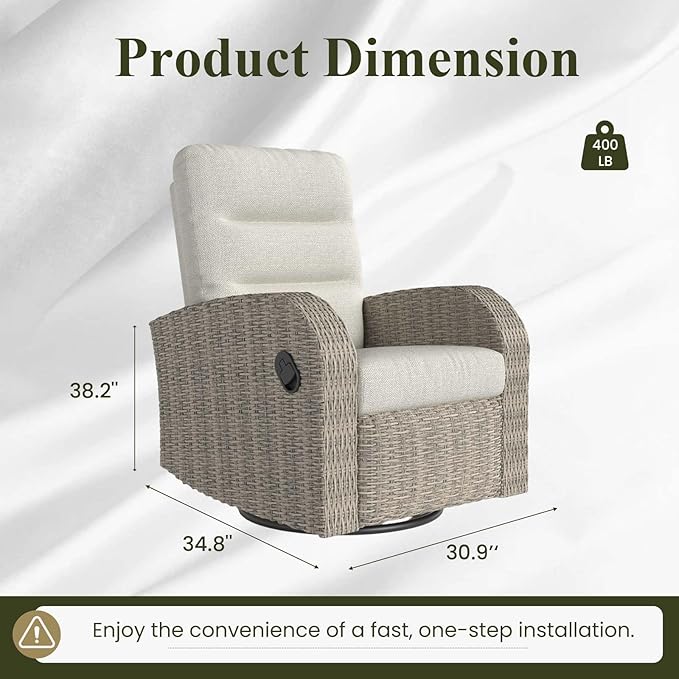 LayinSun Oversized Wicker Outdoor Swivel Glider Recliner with Adjustable Backrest & Footrest, Patio Reclining Lounge Chair - Set of 2 - Image 2