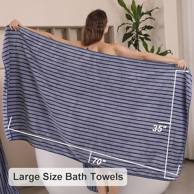 Oliven 4 Piece Navy Cabana Stripe Large Bath Towels Oversized Bath Sheet Super - Image 4
