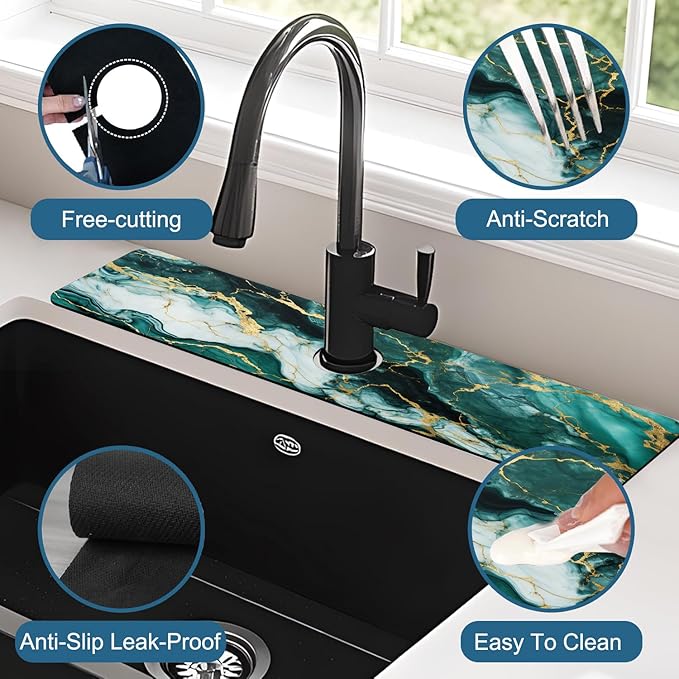 Green Marble Sink Splash Guard Faucet Mat Liquid Gold Marble Super Absorbent - Image 4