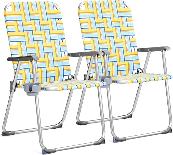 VINGLI Aluminum Patio Lawn Chairs Folding Set of 2 with Detachable Cup Holder, Webbed Beach Chair Folding Chair Outdoor Portable Camping Chair for Yard, Garden by VINGLI