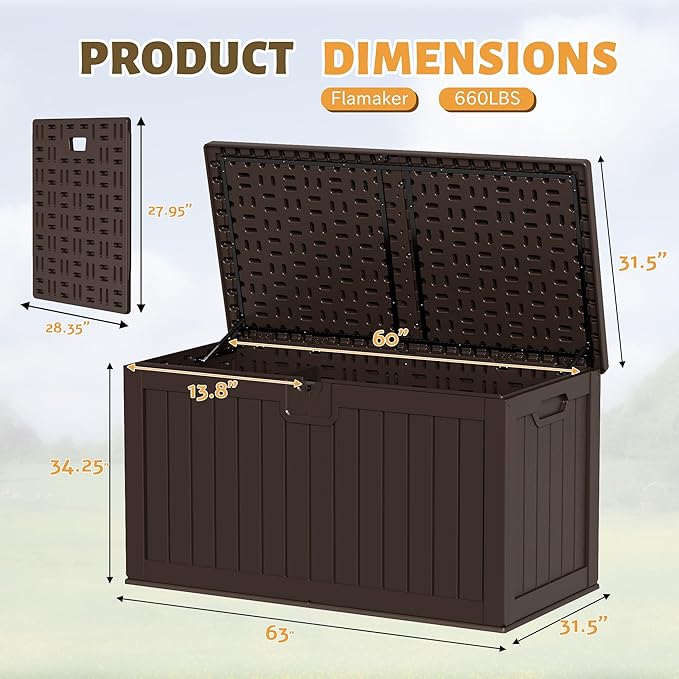 Flamaker Resin Deck Box 250 Gallon, Waterproof Imitation-Wood Lockable Storage Box with Separator Plate Outdoor Indoor, Garden, Patio Furniture for Tools&Pool Accessories (Deep Brown) - Image 8