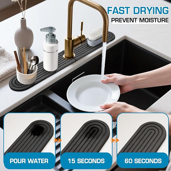 Dark Gray-Oval 23.6" Diatomite Kitchen Faucet Mat & Stone Sink Tray – Quick - Image 3