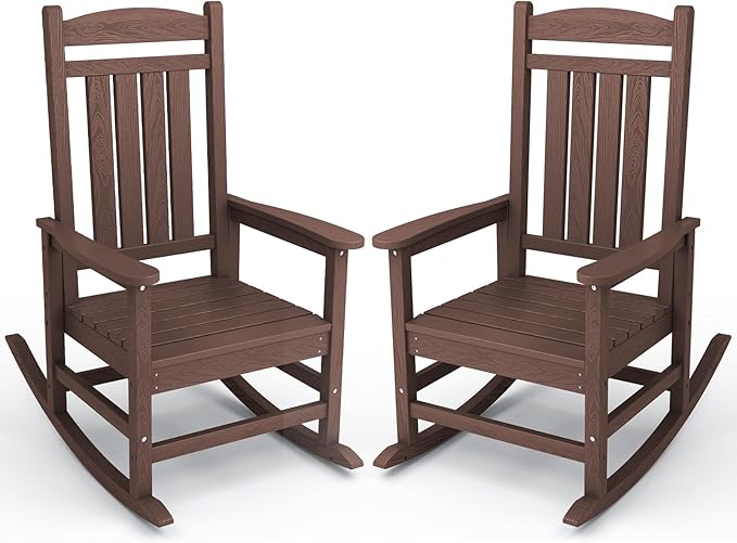 KINGYES Outdoor Rocking Chair Set 2, All Weather HDPE Patio Rocking Chairs for Adults, Coffee Brown by KINGYES