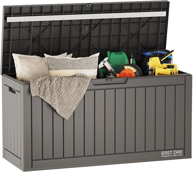 EAST OAK Outdoor Storage Box, 60 Gallon Deck Box Indoor and Outdoor Use, Waterproof Resin Storage Bin for Patio Cushions, Gardening Tools, Lockable, UV Resistant, Grey by EASTOAK