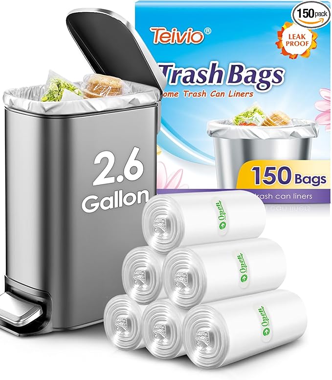 2.6 Gallon 150 Counts Small Trash Bags Garbage Bags by Teivio, Bathroom Trash by Teivio