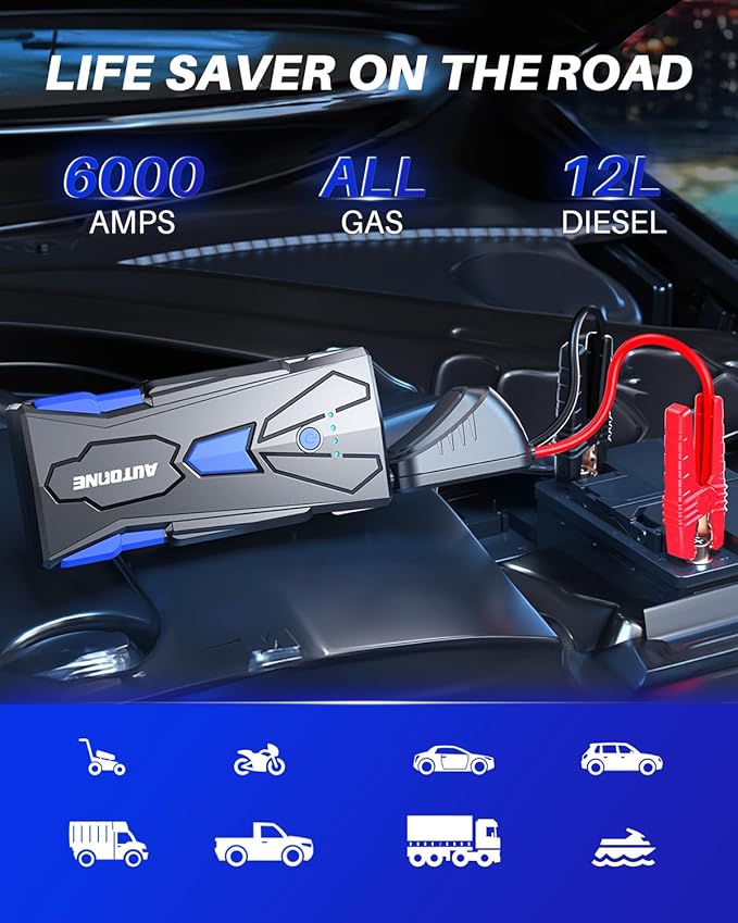 AUTOONE 6000A Car Battery Jump Starter Up to All Gas & 12L Diesel Engine - Image 3