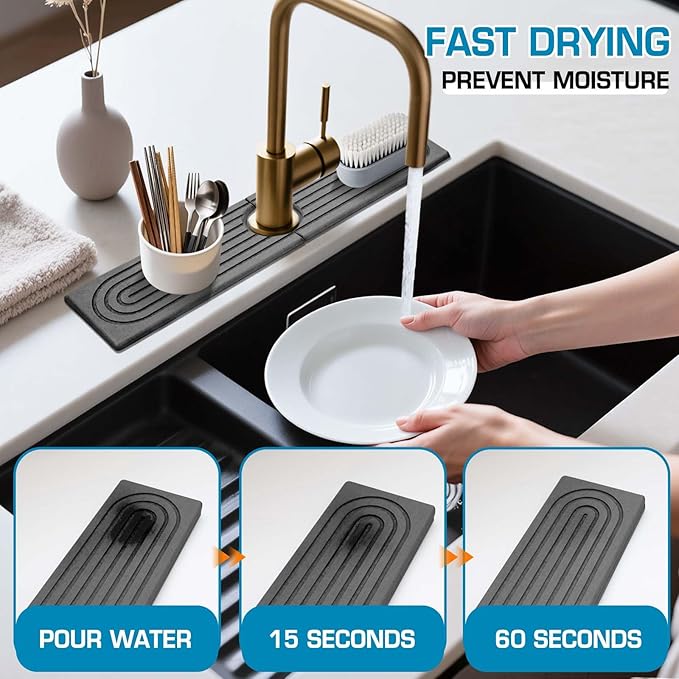 Faucet Mat for Kitchen Sink, Diatomite Quick Drying Tray, Long 23.6'' Kitchen - Image 2