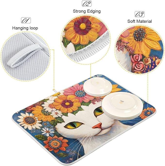 White Cat Colorful Flowers Pattern Dish Drying Mat - Image 4
