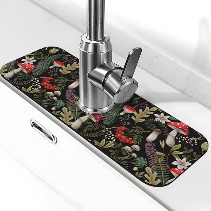 Forest Mushroom Mushrooms Leaves Flowers Kitchen Sink Splash Guard Faucet Mat by Unknown