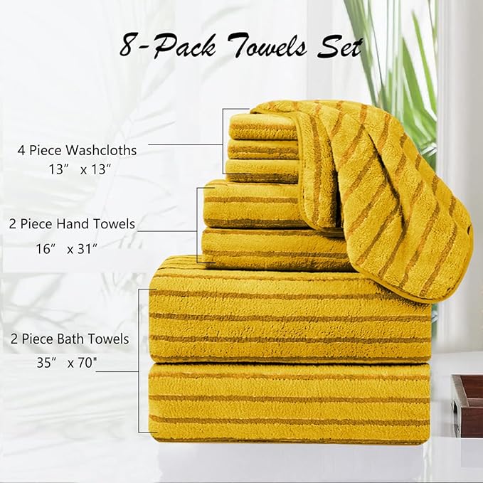 8 Pcs Yellow Cabana Stripe Polyester Bath Towel Set Oversize Bath Sheet-2 - Image 4